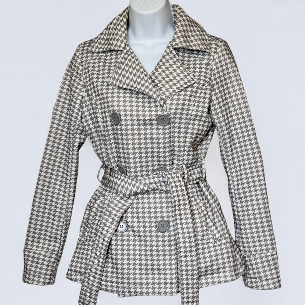 Jacket/Coat double breasted, gray houndstooth, lined, belted. JouJou Size XSmall